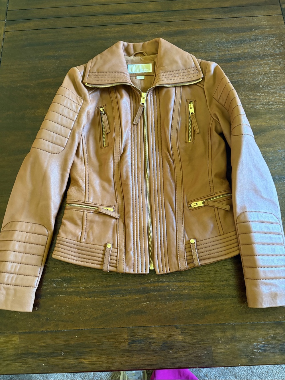 Michael Kors Women’s S Genuine Leather Moto Jacket Camel Tan Gold Zip